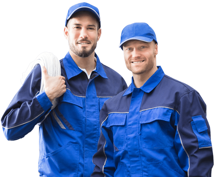 Two white men in blue work uniforms and blue baseball caps