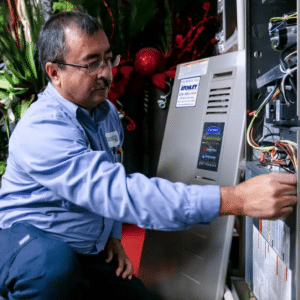 Technician replacing an electric furnace.