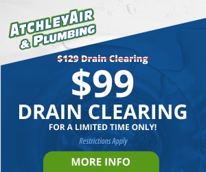 A coupon with the Atchley Air & Plumbing logo featuring text that reads 99 dollar drain clearing for a limited time only! Regularly 129 dollars